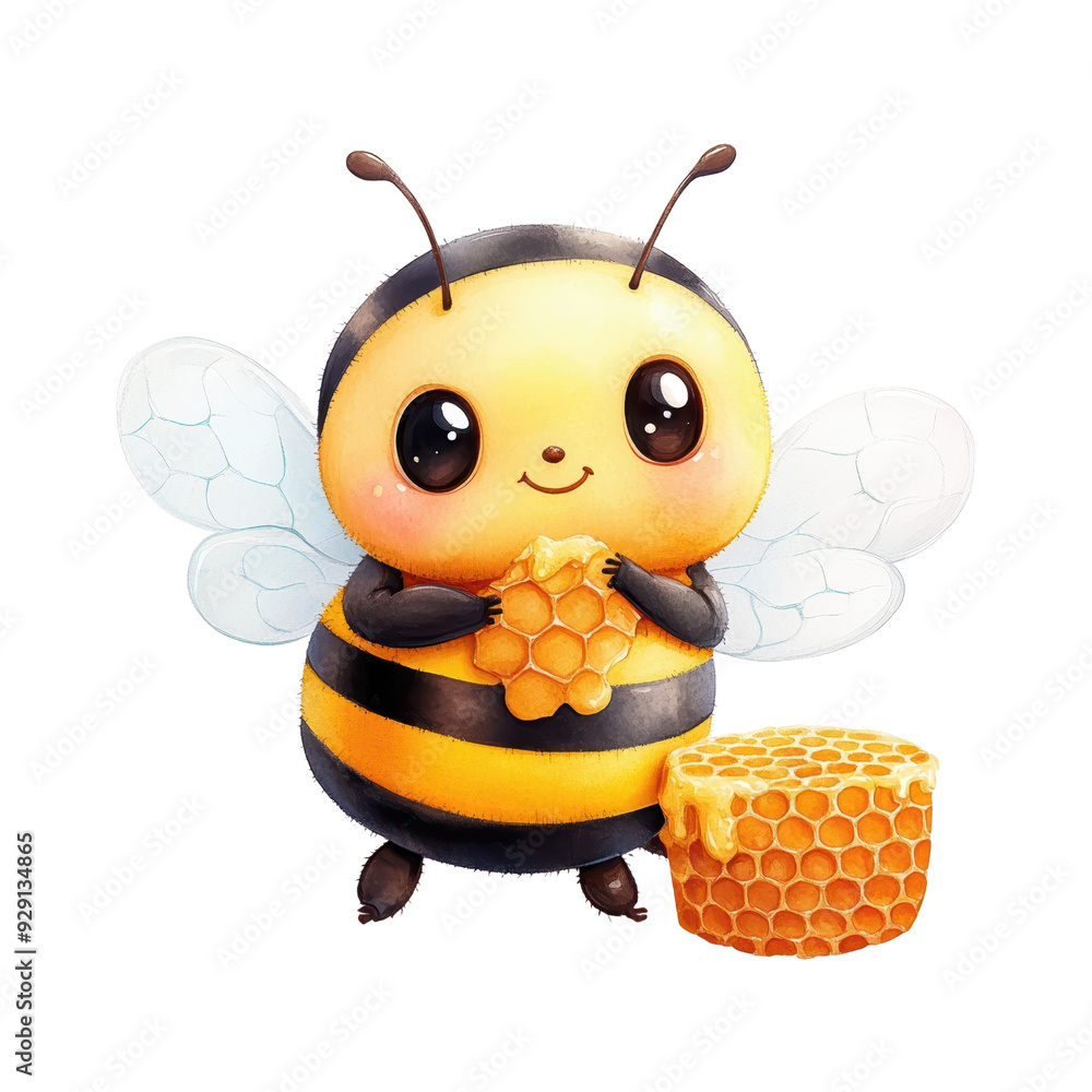 Obraz premium A cheerful cartoon bee holding honeycomb, perfect for nature and sweetness themes in playful designs.