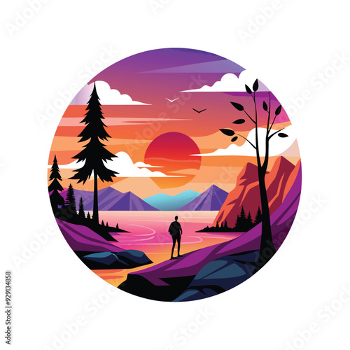 A vibrant sunset scene with trees silhouetted against a backdrop of distant mountains. t shirt design concept.