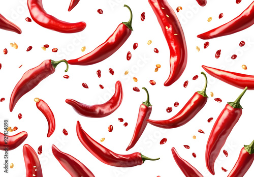 A vibrant layout of red chili peppers on a white background, showcasing their natural beauty and fresh appeal.