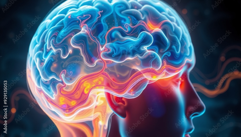 close-up of a human head with a luminous fluid brain abstract forms and vibrant colors flow through creating a sense of exploration and depth within the subconscious close-up of a human head with a luminous fluid brain abstract forms and vibrant colors flow through creating a sense of exploration and depth within the subconscious