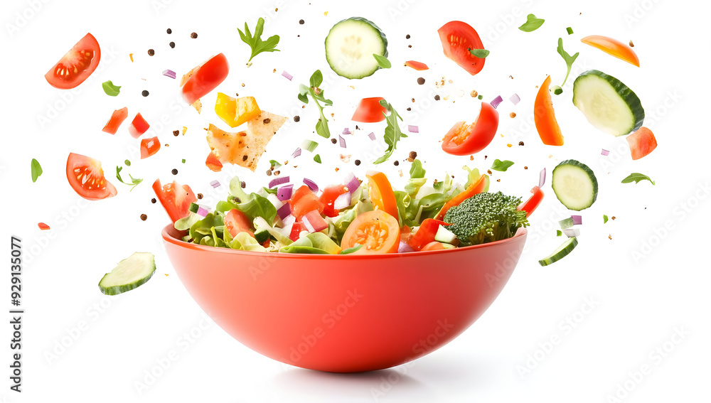 A vibrant salad bowl with flying vegetables, showcasing freshness and healthy eating. Perfect for food and recipe themes. A vibrant salad bowl with flying vegetables, showcasing freshness and healthy eating. Perfect for food and recipe themes.