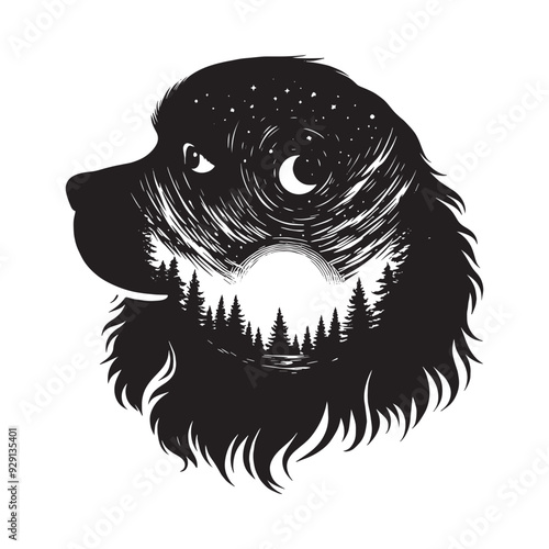 silhouette of Cavalier Spaniel, filled with nature night view in rough drawing,