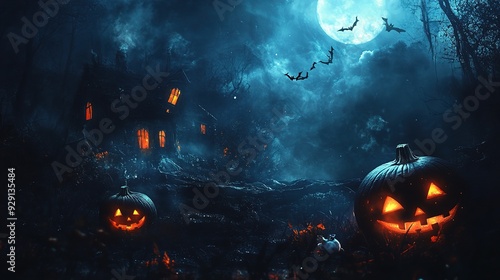 Haunted Halloween Night: Eerie glow of carved pumpkins illuminates a spooky haunted house under a ghostly blue moon. Bats take flight, adding to the spooky ambiance of this Halloween scene. 