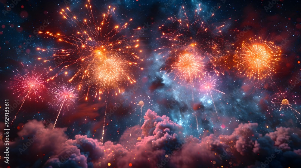 Energetic and Vibrant Firework Display Lighting Up the Nocturnal Sky Energetic and Vibrant Firework Display Lighting Up the Nocturnal Sky