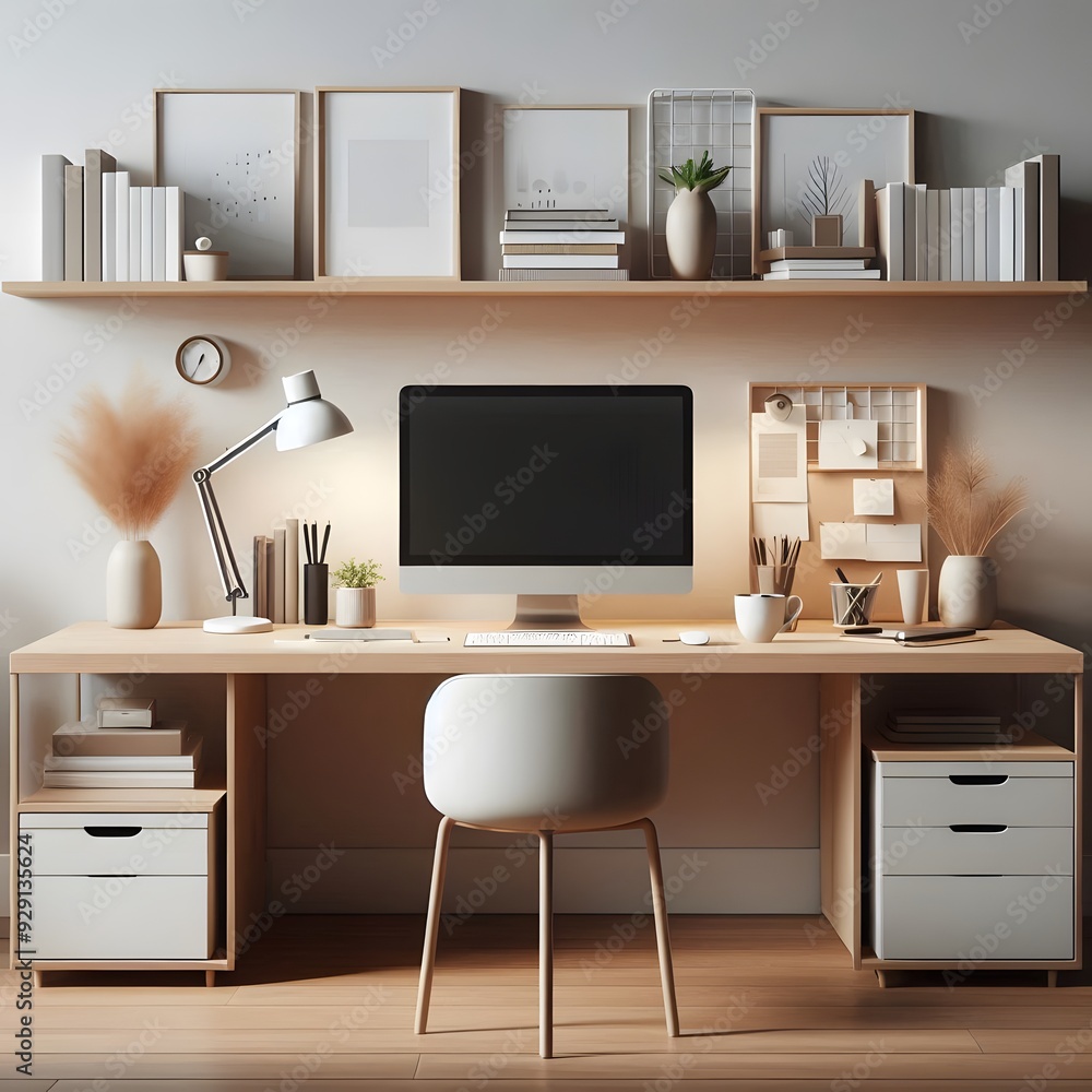 front view of a modern office desk in a clean, minimalist workspace. The desk should have a sleek wooden surface with a computer monitor front view of a modern office desk in a clean, minimalist workspace. The desk should have a sleek wooden surface with a computer monitor