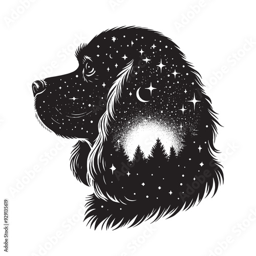 silhouette of Cavalier Spaniel, filled with nature night view in rough drawing,