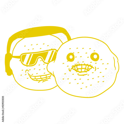 2 Funny Music DJ Bitter Lemon Citrus Fruit Team Friends Crew Duo Happy Face Headphone Sunglasses Party Night Dancing Clubber Raver Comic Humor Cartoon Cool Fun Sound Disco Club Festival Concert Lover
