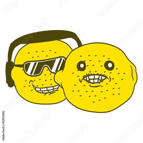 2 Funny Music DJ Bitter Lemon Citrus Fruit Team Friends Crew Duo Happy Face Headphone Sunglasses Party Night Dancing Clubber Raver Comic Humor Cartoon Cool Fun Sound Disco Club Festival Concert Lover