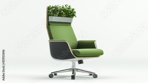 A stylish office chair features green upholstery and a planter on its back, showcasing a blend of comfort and nature photo