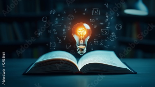 Open book with a glowing lightbulb hovering above symbolizing knowledge, creativity and innovation. Conceptual representation of learning and ideas.