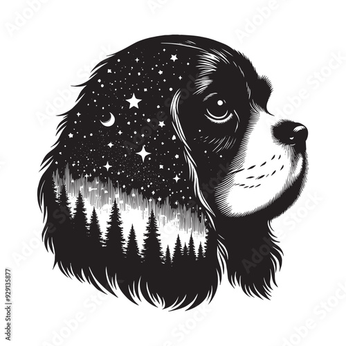 silhouette of Cavalier Spaniel, filled with nature night view in rough drawing,