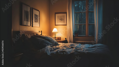 Cozy bedroom with warm lighting and soft bedding, evoking a sense of tranquility and comfort in the evening. photo