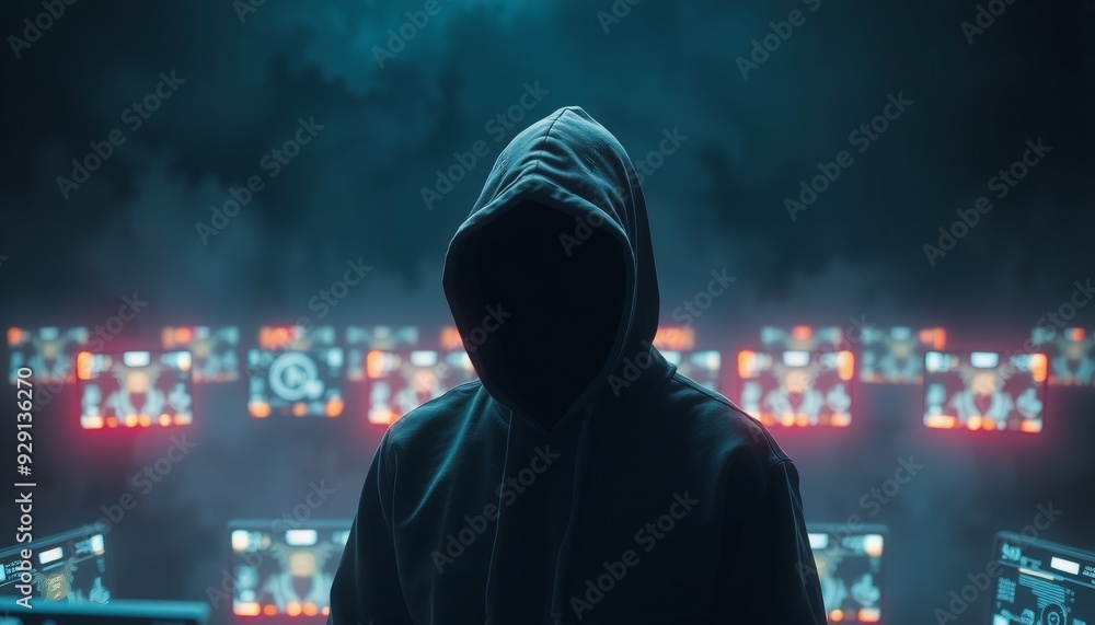 black hoodie-clad figure without a face surrounded by glowing electronics set against a shadowy indistinct backdrop symbolizing cyber security and hygiene black hoodie-clad figure without a face surrounded by glowing electronics set against a shadowy indistinct backdrop symbolizing cyber security and hygiene