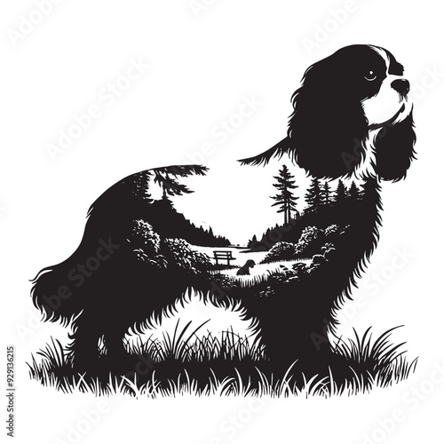 silhouette of Cavalier Spaniel, filled with nature view in rough drawing,
