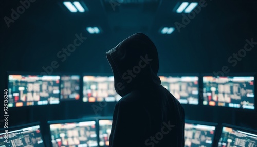 figure in a black hoodie surrounded by glowing screens dark shadowy backdrop underscores the importance of cybersecurity and effective digital hygiene practices