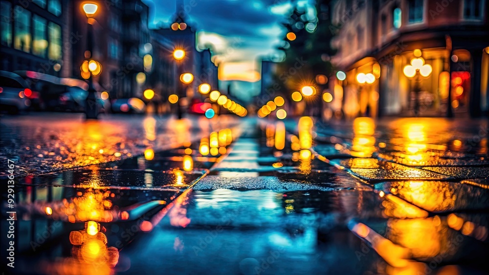 Obraz premium Softly focused background with blurred cityscape at dusk, dark shadows cast on wet pavement, capturing moody urban atmosphere with subtle vibrant color tones.