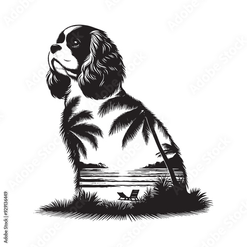 silhouette of Cavalier Spaniel, filled with ocean beach view with palm tree in rough drawing,