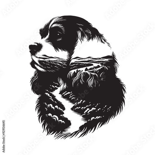 silhouette of Cavalier Spaniel, filled with river view in rough drawing,