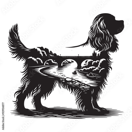 silhouette of Cavalier Spaniel, filled with river view in rough drawing,