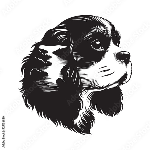 silhouette of Cavalier Spaniel, filled with river view in rough drawing,