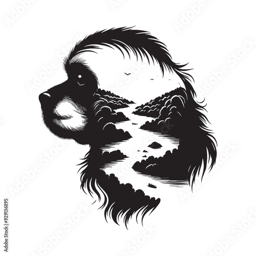 silhouette of Cavalier Spaniel, filled with river view in rough drawing,