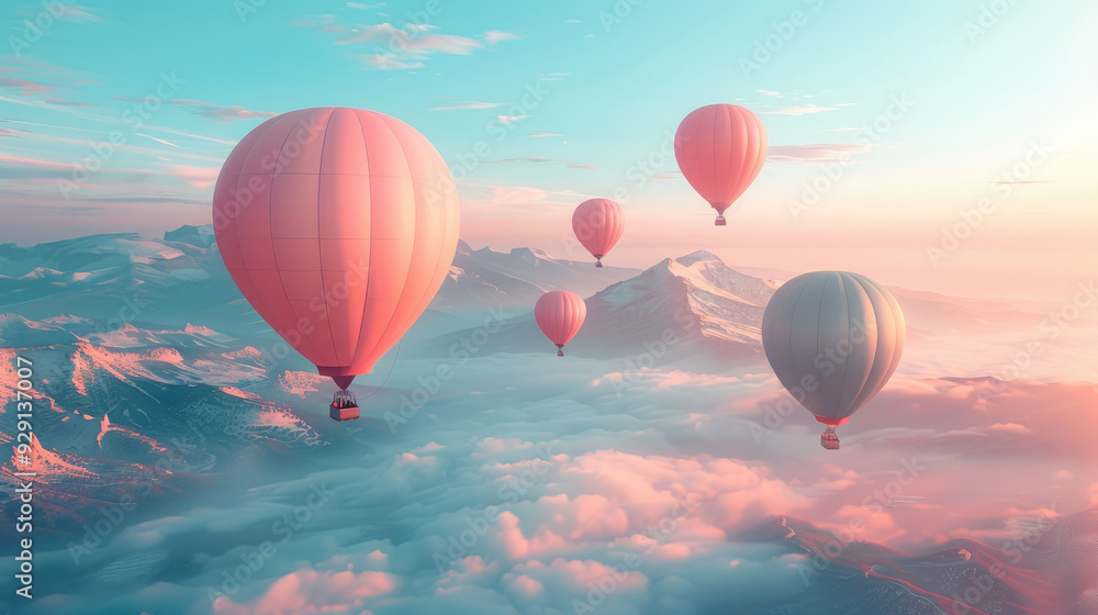 Fototapeta premium pink hot air balloons in the sky over the mountains, aeronautics, air transport, fabulous landscape, beauty, nature, flight, basket, movement, fantasy, dream, travel, vacation