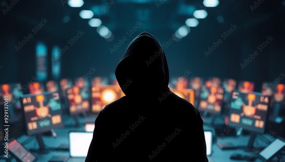 silhouette in a black hoodie surrounded by glowing tech gadgets with a dark blurred backdrop emphasizing secure cyber practices and digital safety silhouette in a black hoodie surrounded by glowing tech gadgets with a dark blurred backdrop emphasizing secure cyber practices and digital safety