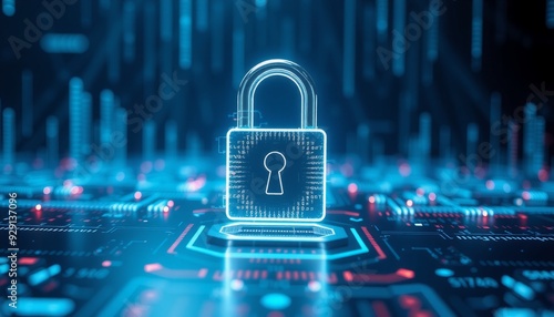 digital padlock glowing on a sleek futuristic interface surrounded by holographic data streams representing heightened cybersecurity measures deep blue and black tones wit