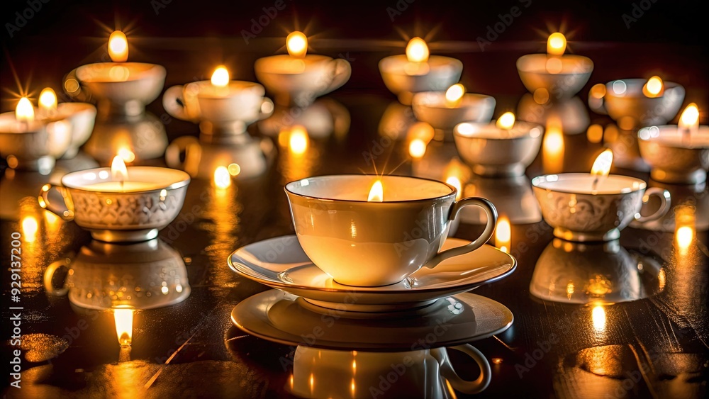 Softly glowing tea lights casting a warm ambiance on a darkened table, surrounded by delicate tea cups and saucers, evoking a sense of serenity. Softly glowing tea lights casting a warm ambiance on a darkened table, surrounded by delicate tea cups and saucers, evoking a sense of serenity.