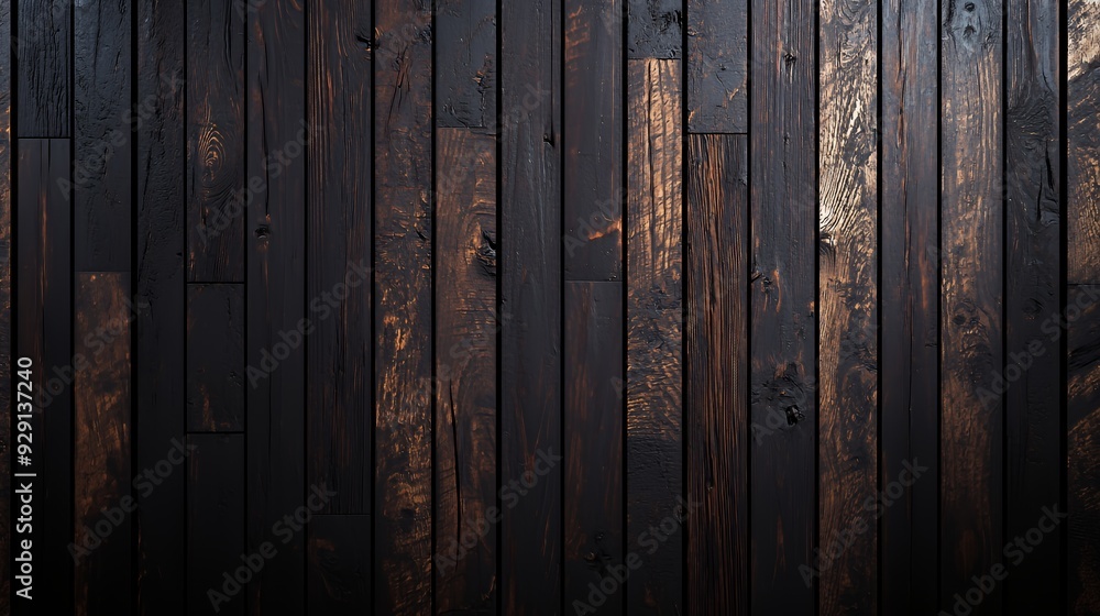 A close-up view of dark wooden planks arranged vertically, showcasing texture and grain. A close-up view of dark wooden planks arranged vertically, showcasing texture and grain.