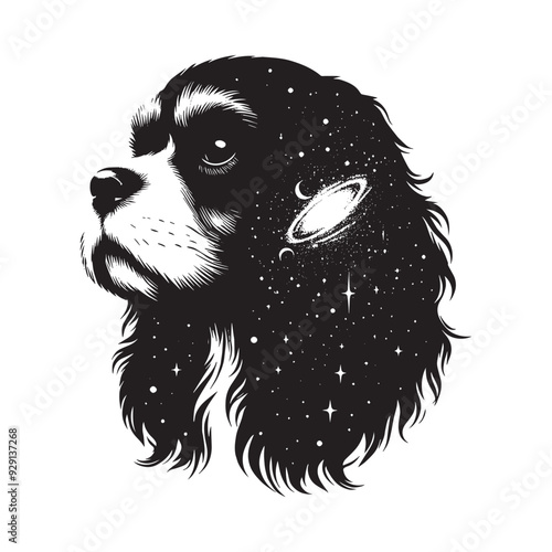 silhouette of Cavalier Spaniel, filled with space and sci-fi element in rough drawing,