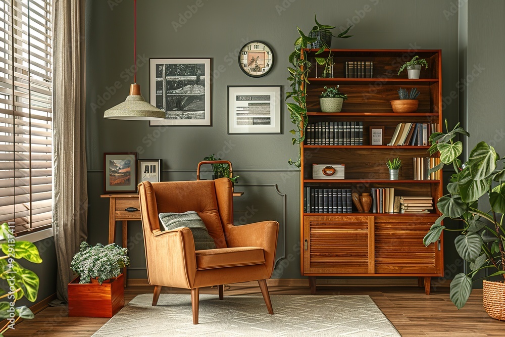 Fototapeta premium Stylish interior of living room with design brown armchair, wooden bookcase, pendant lamp, carpet decor, picture frames and elegant personal accessories in modern retro home decor