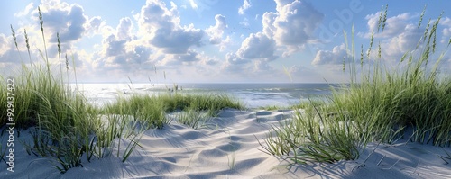Coastal dunes with beach grass, 4K hyperrealistic photo