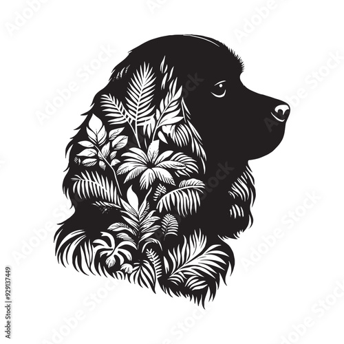 silhouette of Cavalier Spaniel, filled with tropical plant in the jungle in rough drawing,