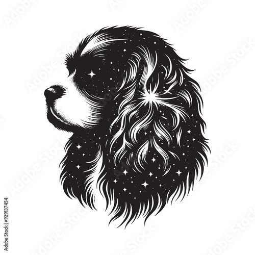 silhouette of Cavalier Spaniel, filled with space and sci-fi element in rough drawing,