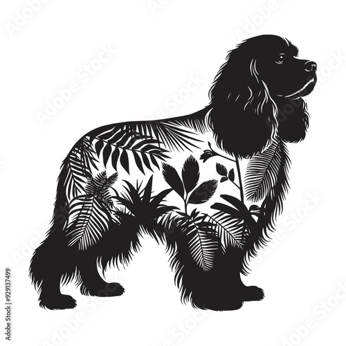 silhouette of Cavalier Spaniel, filled with tropical plant in the jungle in rough drawing,