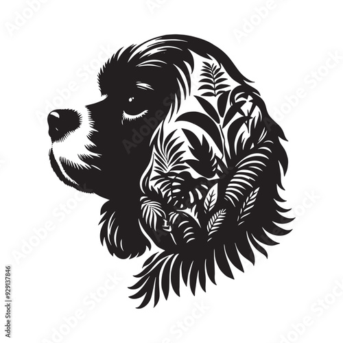 silhouette of Cavalier Spaniel, filled with tropical plant in the jungle in rough drawing,