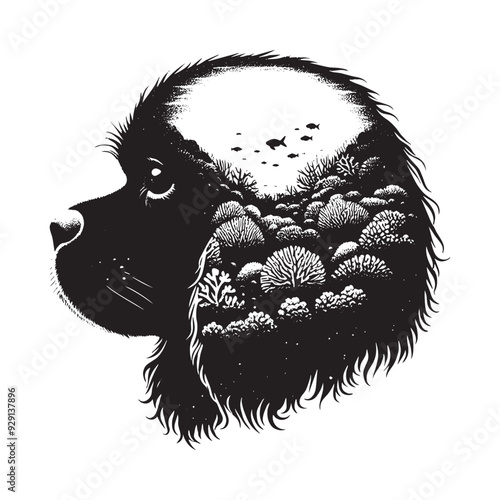 silhouette of Cavalier Spaniel, filled with underwater view with coral in rough drawing,