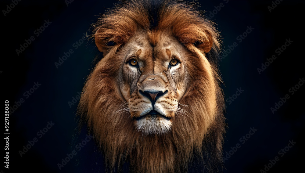 Majestic lion with a striking mane, symbolizing strength and power, exudes confidence in this captivating portrait. Majestic lion with a striking mane, symbolizing strength and power, exudes confidence in this captivating portrait.