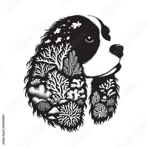 silhouette of Cavalier Spaniel, filled with underwater view with coral in rough drawing,