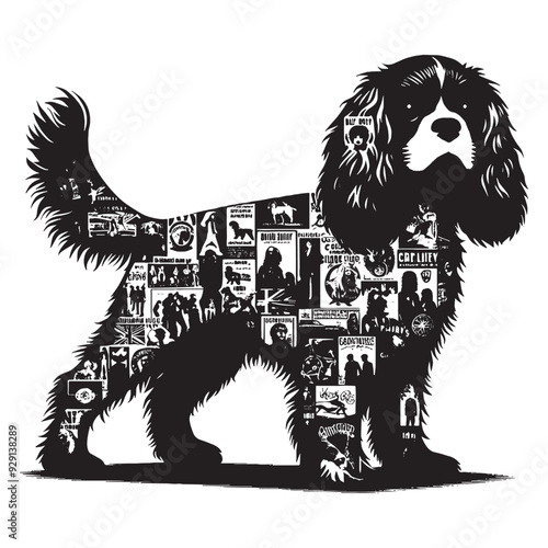 silhouette of Cavalier Spaniel, filled with vintage punk's poster collage wall in rough drawing,