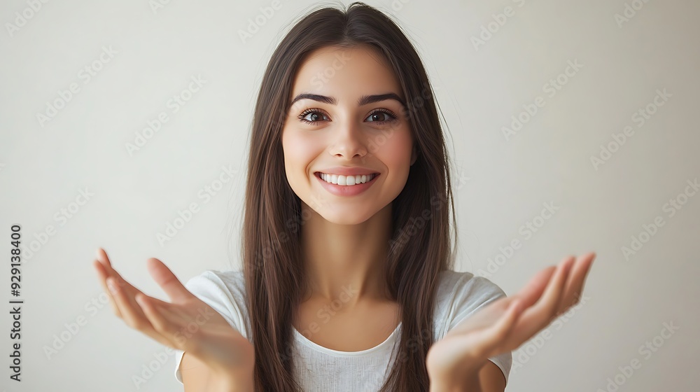 A woman is smiling and has her hands open in front of her. A woman is smiling and has her hands open in front of her.