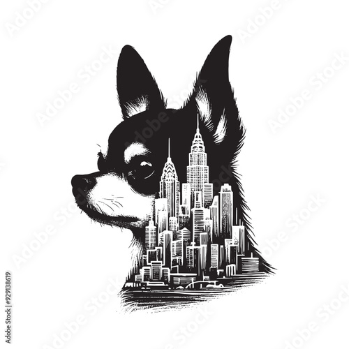 silhouette of chihuahua, filled with cityline in rough drawing,