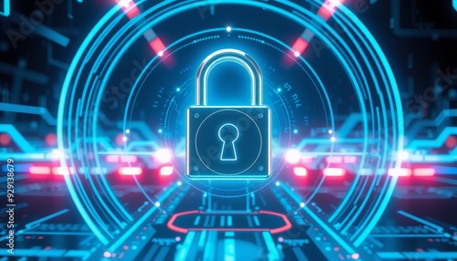 futuristic interface featuring a prominent digital padlock surrounded by neon blue and gray data streams emphasizing strong security for sensitive information photo