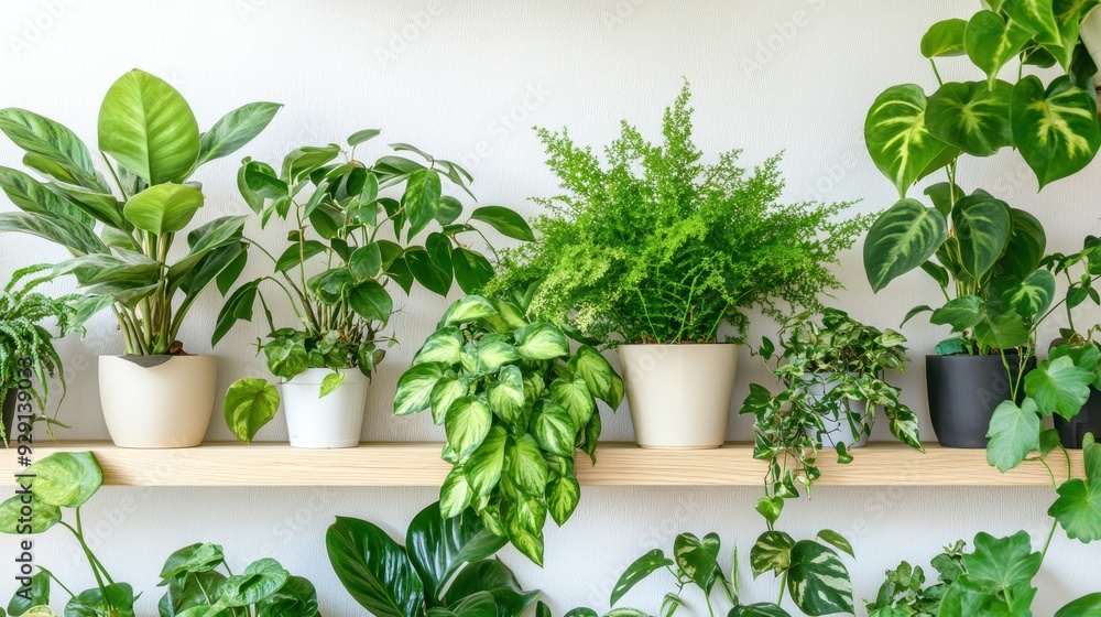 Various green plants in elegant pots are arranged on a warm wooden shelf, showcasing indoor gardening aesthetics Various green plants in elegant pots are arranged on a warm wooden shelf, showcasing indoor gardening aesthetics