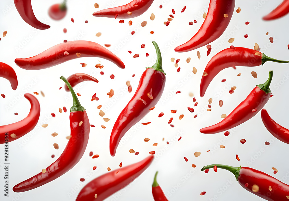 Vibrant red chilies scattered against a light background, showcasing their texture and color, perfect for culinary themes. Vibrant red chilies scattered against a light background, showcasing their texture and color, perfect for culinary themes.