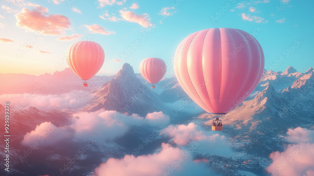 Obraz premium pink hot air balloons in the sky over the mountains, aeronautics, air transport, fabulous landscape, beauty, nature, flight, basket, movement, fantasy, dream, travel, vacation
