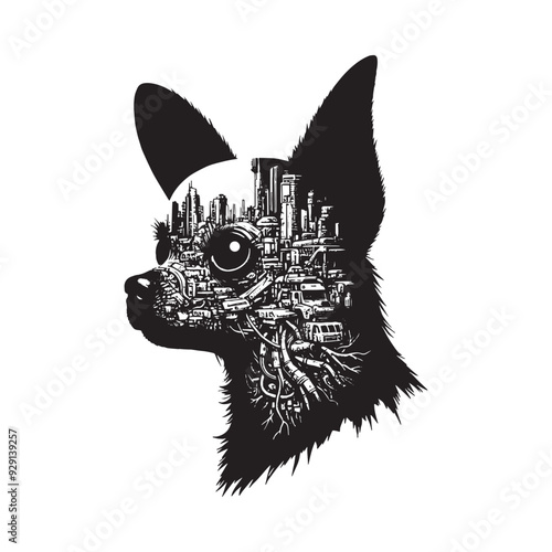 silhouette of chihuahua, filled with destroyed futuristic dystopia environment in rough drawing,