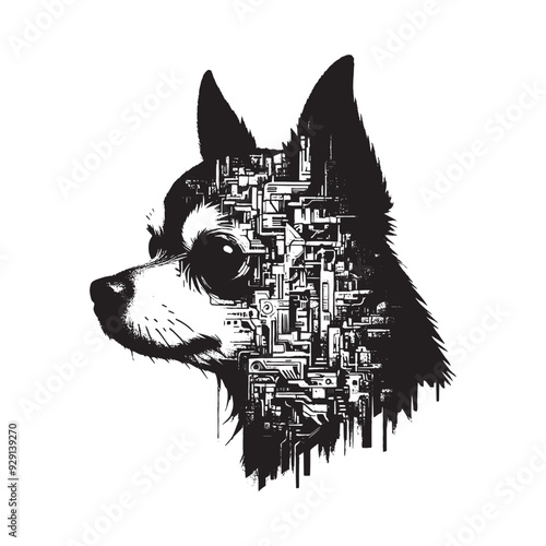 silhouette of chihuahua, filled with destroyed futuristic dystopia environment in rough drawing,