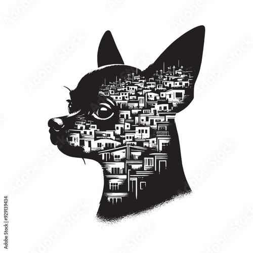 silhouette of chihuahua, filled with ghetto street in rough drawing,